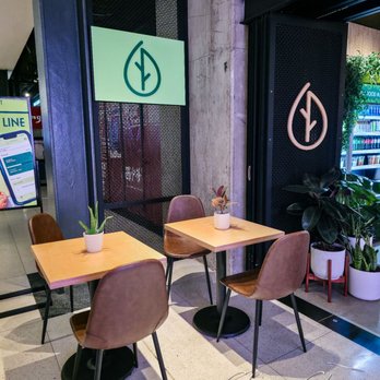 Harvest Clean Eats - Seating area - The image shows a small seating area with two wooden tables, each accompanied by two brown chairs, situated near a business with a leaf logo sign on a black panel. Potted plants are placed around the area, creating a simple, modern ambiance. The setting appears to be indoors, possibly in a shopping mall or commercial complex. - Juice Bars & Smoothies Near Me - Toronto, Ontario