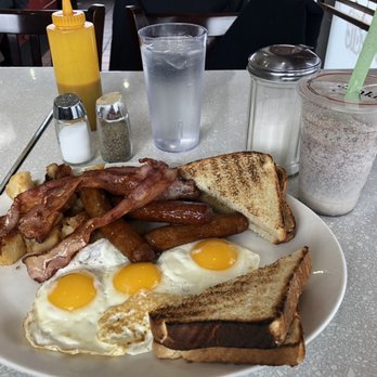 Egglicious - Lumberjack with sunnyside up eggs (missing from picture are the pancakes) with oreo milkshake - Breakfast & Brunch Near Me - Toronto, Ontario