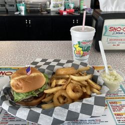 Sno-Cap Drive In - Cheeseburger, fries, onion rings, and coleslaw