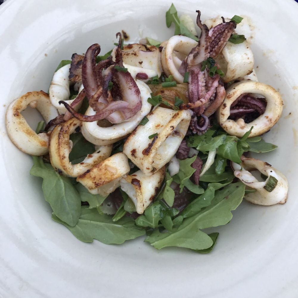 The Red Dory - Rhode Island squid over arugula and beans. Perfect - New American Near Me - Tiverton, Rhode Island