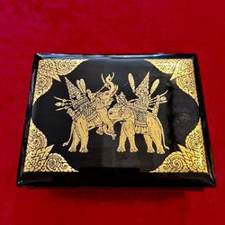Scribe Fine Papers - Black and Gold Lacquer Box depicting the Elephant Wars. You know, Hannibal and such... Perfect size to store you small notes.
