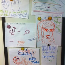 Photo of Thairish - Baltimore, MD, United States. They have a board on which you can put up drawings you make.  The one to the bottom right is mine (: