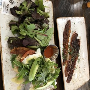 Photo of First Watch - Mequon, WI, United States. Brunch...BLT Benedict and million dollar bacon!