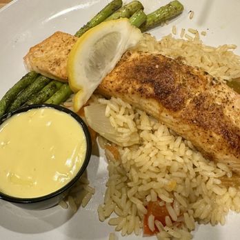 Stax Omega Diner - Salmon over rice with asparagus - Diners Near Me - Greenville, South Carolina Stax Omega Diner - Salmon over rice with asparagus - Diners Near Me - Greenville, South Carolina