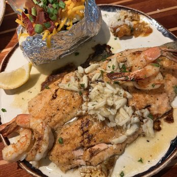 Pappas Seafood House - Rainbow Trout & Shrimp with a Baked Potato (I started digging in before the pic haha) - Seafood Near Me - Humble, Texas