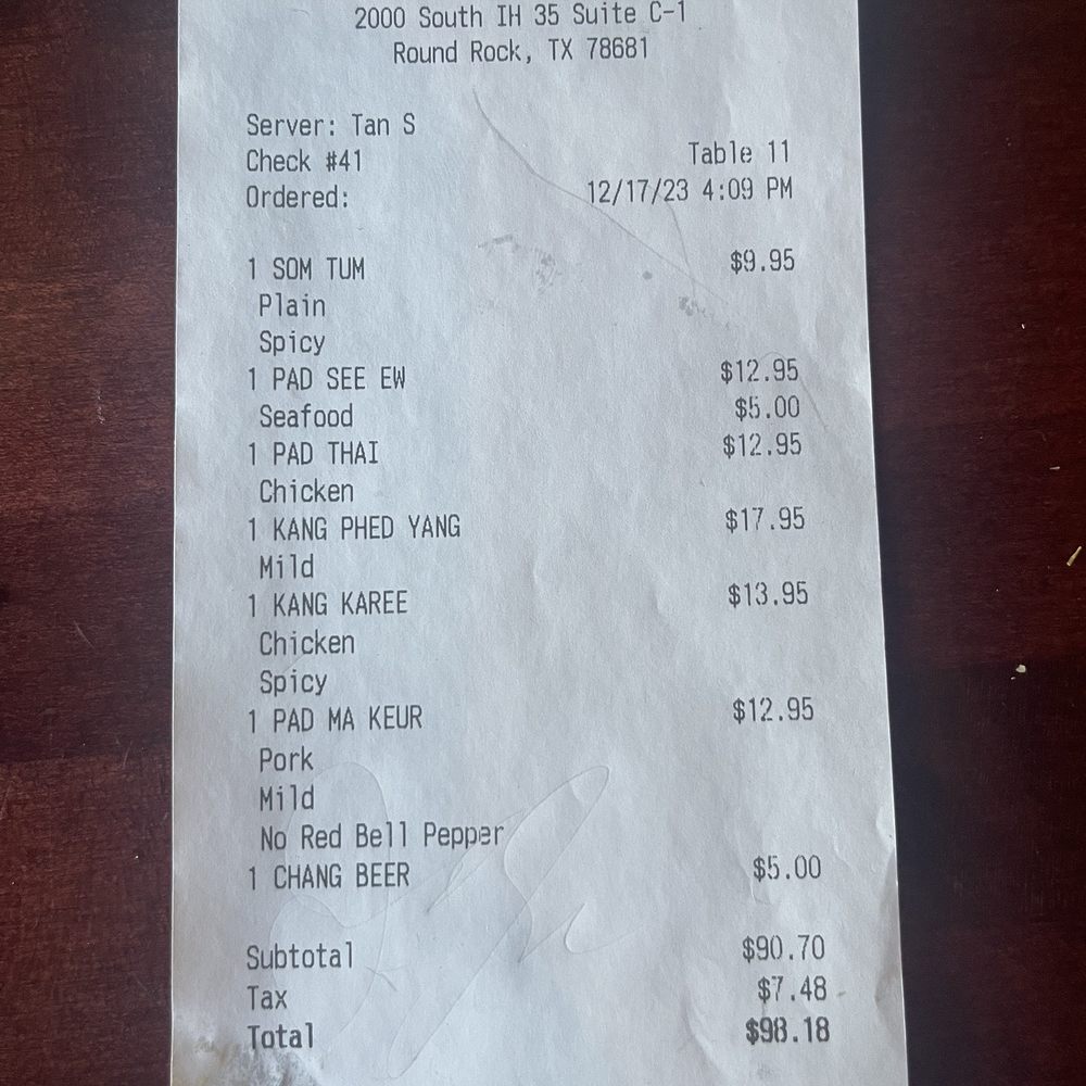 Ros Niyom Thai - Receipt: Very reasonable prices - Thai Near Me - Round Rock, Texas Ros Niyom Thai - Receipt: Very reasonable prices - Thai Near Me - Round Rock, Texas