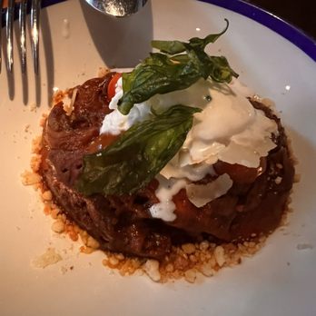 Benzina - Eggplant with Parmesan ice cream and basil. - Italian Near Me - Barcelona, B Benzina - Eggplant with Parmesan ice cream and basil. - Italian Near Me - Barcelona, B