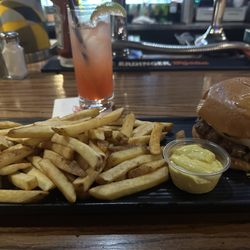 The Irish Shebeen - Irish Burger (curry aioli on the side) , fries and a Shirley temple w/ a splash of Tito's