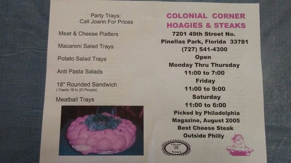 Menu photo 7 Colonial Corner Hoagie Shop Pinellas Park, FL Menu photo 7 Colonial Corner Hoagie Shop Pinellas Park, FL