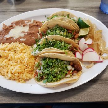My Old Mans Tacos - Pastor Taco Plate  I added 1 extra taco. Usually comes with 3 tacos rice and beans for 10.50! - Breakfast & Brunch Near Me - Keller, Texas