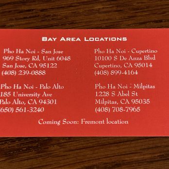 Pho Ha Noi - Business card - Vietnamese Near Me - Milpitas, California