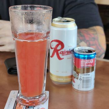 Red Hot - Rainier with a side of tomato juice to make a red beer - Hot Dogs Near Me - Tacoma, Washington