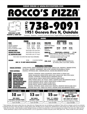 Menu photo 1 Rocco's Pizza - Oakdale Oakdale, MN Menu photo 1 Rocco's Pizza - Oakdale Oakdale, MN