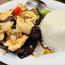 Spicy eggplant with chicken. Colorful staple dish that stimulates the tastebuds.