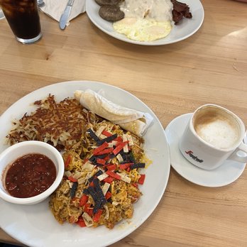 Eggsquisite Cafe - Migas with a cappuccino and the southern breakfast - Breakfast & Brunch Near Me - Southlake, Texas Eggsquisite Cafe - Migas with a cappuccino and the southern breakfast - Breakfast & Brunch Near Me - Southlake, Texas