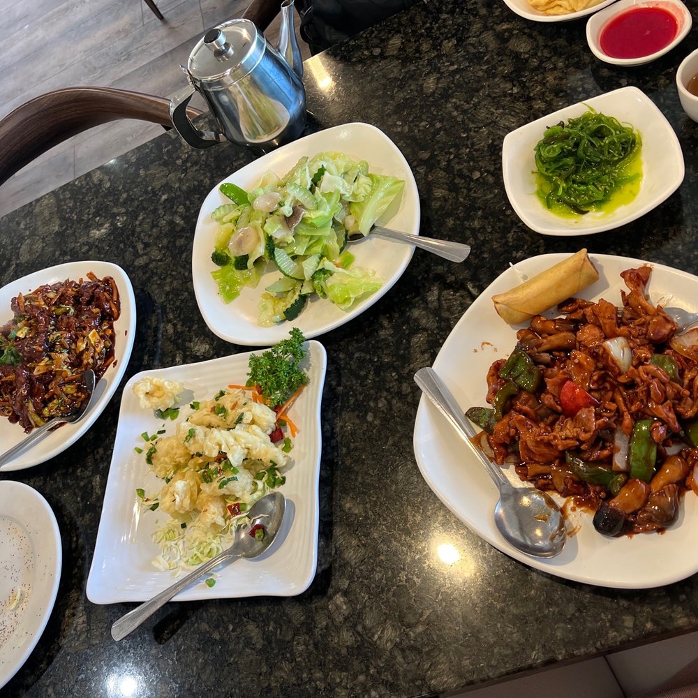 Chef Cheng's Chinese Restaurant - From left to right: garlic beef, calimari appetizer, mixed veggies, veggie spring roll, moo goo gai pan, and seaweed salad - Chinese Near Me - Elko, Nevada