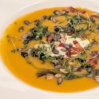 Filskov Kro - Pumpkin soup with bacon and pumpkin seeds, great on a cold day - Hotels Near Me - Grindsted, 82