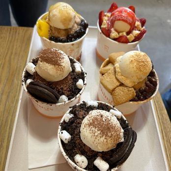 Heybings - Milk tea boba (seasonal), strawberry cheesecake, injeolmi, and choco oreo (x2) - Desserts Near Me - Costa Mesa, California