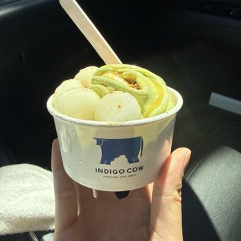Indigo Cow - matcha and hokkaido milk swirl w/ MBR - Ice Cream & Frozen Yogurt Near Me - Costa Mesa, California Indigo Cow - matcha and hokkaido milk swirl w/ MBR - Ice Cream & Frozen Yogurt Near Me - Costa Mesa, California