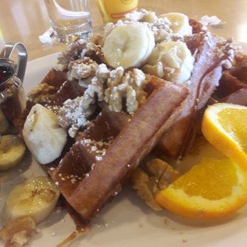 Waypoint Cafe - Banana waffle with walnuts and maple syrup. - American Near Me - Camarillo, California Waypoint Cafe - Banana waffle with walnuts and maple syrup. - American Near Me - Camarillo, California