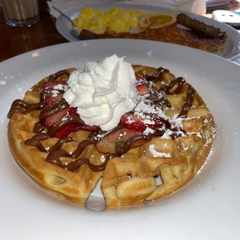 Downtown Cafe by JL - Nutella Strawberry Waffle Combo (scrambled eggs, sausages golden hash browns) - Breakfast & Brunch Near Me - Oxnard, California