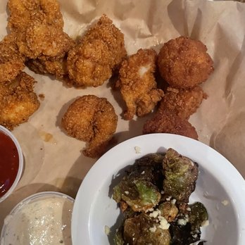 Hook Line & Schooner - Fried seafood platter w/ Crispy Parmesan Brussel Sprouts - American Near Me - Smyrna, Georgia