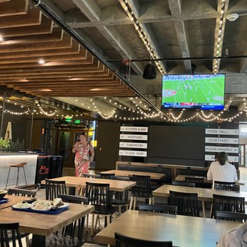 The Academy - The image shows the interior of a food hall with a concrete ceiling and decorative string lights. Wooden tables and black chairs are arranged throughout the space, with some tables having trays of food. A woman in a floral dress is walking, and another person is seated at a table. A TV mounted on the ceiling displays a football game. Signage indicates various sections such as kitchen, bar, food hall, and coworking area. - Bars Near Me - Poughkeepsie, New York
