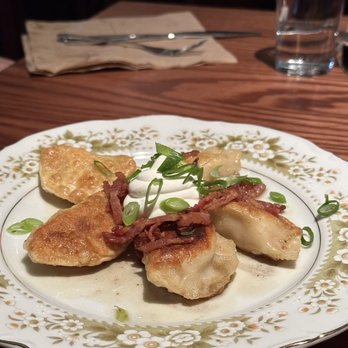 Chicken Foot - Loaded pierogis with bacon, green onions, and sour cream. - Modern European Near Me - Santa Cruz, California