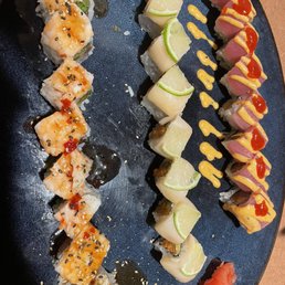 Left to right: Diva roll, Corona roll, Mafia roll. Requested wasabi mayo from all 3 to be on the side Left to right: Diva roll, Corona roll, Mafia roll. Requested wasabi mayo from all 3 to be on the side