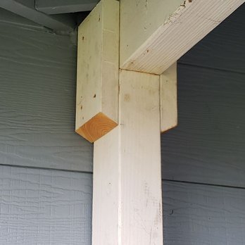 Big Time Pest Control - Front awning, completed job. Painted it white, then cut the wood, then nail it up, leave greasy fingerprints, leave the wood exposed. - Pest Control Near Me - Anderson, California