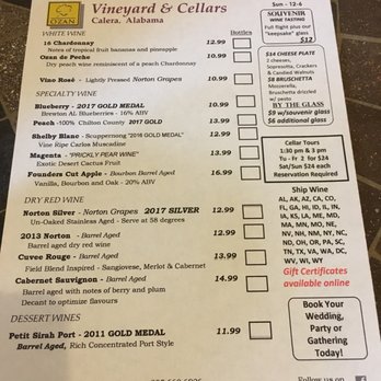 Ozan Vineyard & Winery - Tasting menu as of Sept 2018 - Wine Tours Near Me - Calera, Alabama Ozan Vineyard & Winery - Tasting menu as of Sept 2018 - Wine Tours Near Me - Calera, Alabama