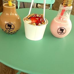 The lavender bubble tea, the lovers rolled ice cream, and the strawberry tea.
