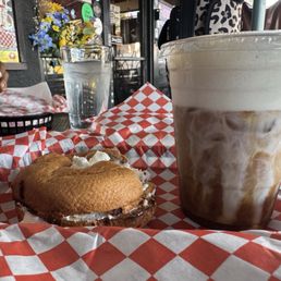 Gluten free cinnamon raisin bagel with cream cheese and latte! Gluten free cinnamon raisin bagel with cream cheese and latte!