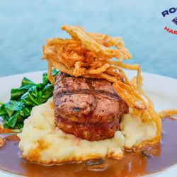 Filet Mignon: garlic mashed potatoes, sautéed spinach, mushrooms, garlic-demi glace
