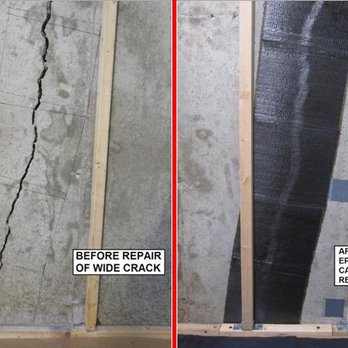 Epoxy Injection Specialists - Left Photo: very wide structural wall crack.
Right Photo: Epoxy Injection + Carbon
Fiber Reinforcement of the structural crack. - Waterproofing Near Me - Madison, Wisconsin Epoxy Injection Specialists - Left Photo: very wide structural wall crack.
Right Photo: Epoxy Injection + Carbon
Fiber Reinforcement of the structural crack. - Waterproofing Near Me - Madison, Wisconsin