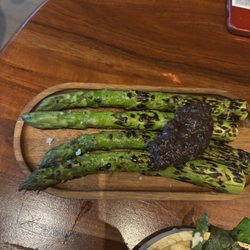 Grilled asparagus with tapenade. Superb.