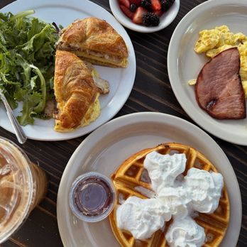 The Coffee Shop - Waffles with side of ham, eggs and fruit + build your own breakfast sandwich and salad - Coffee & Tea Near Me - Gilbert, Arizona The Coffee Shop - Waffles with side of ham, eggs and fruit + build your own breakfast sandwich and salad - Coffee & Tea Near Me - Gilbert, Arizona