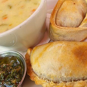 Cafecito - Jamon y Queso and Carne empanadas with a side of soup and Chimichurri - Argentine Near Me - Santa Fe, New Mexico