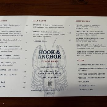 Hook & Anchor - Front Menu - Seafood Near Me - Costa Mesa, California