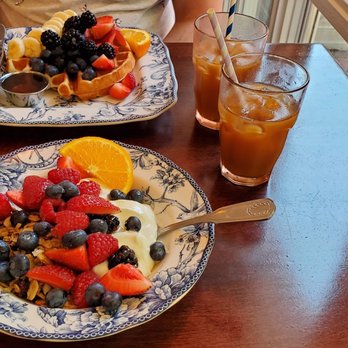 Heritage Bakery & Cafe - Granola with yogurt, 2 iced coffees, and the Belgian waffle. - Cafes Near Me - Harrisonburg, Virginia