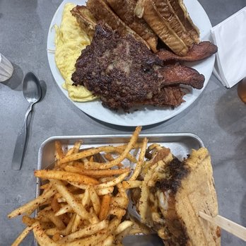 Graysons - The Shorty on the bottom and the big breakfast w/ added bacon and hashdowns on top. - Breakfast & Brunch Near Me - Port Angeles, Washington Graysons - The Shorty on the bottom and the big breakfast w/ added bacon and hashdowns on top. - Breakfast & Brunch Near Me - Port Angeles, Washington