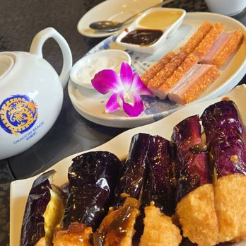 Dragon Beaux - Stuffed Eggplant & Crispy Roasted Pork Belly (half eaten.. yummy dip into sugar) - Dim Sum Near Me - San Francisco, California