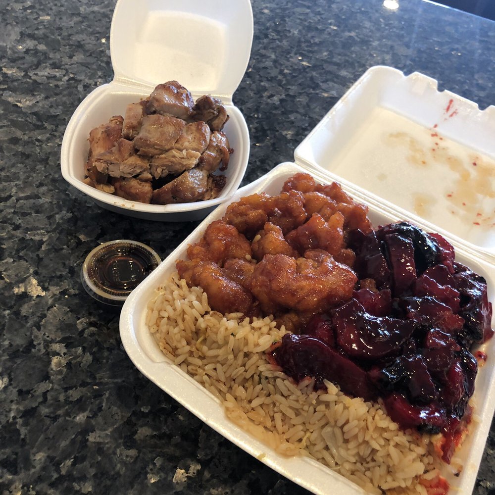 Dragon Express - C Combo Plate with 3 items BBQ PORK, ORANGE CHICKEN AND TERIYAKI CHICKEN - Chinese Near Me - Escondido, California
