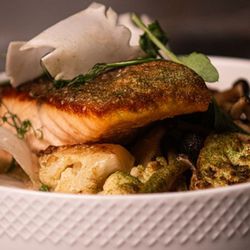 Billionaire Lounge - Pan Seared Salmon - crispy skin salmon, homemade mashed potatoes, seared spinach, creamy butter sauce, basil oil
