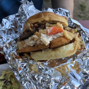 Congdon's After Dark - East Meats West burger (w/chicken fingers, crab Rangoon filling, crispy onion straws etc) from Hoss & Mary's - DROOL! - Food Trucks Near Me - Wells, Maine