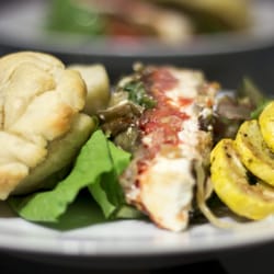 TBD Foods - Summer Vegetable Terrine, Grilled Squash, Farm Fresh Greens, Truffle Focaccia Bread