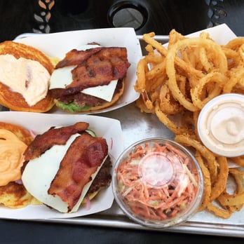 the knack - Avocado burger, pickle and spice burger, both added with bacon, onion rings, and slaw. - Seafood Near Me - Orleans, Massachusetts the knack - Avocado burger, pickle and spice burger, both added with bacon, onion rings, and slaw. - Seafood Near Me - Orleans, Massachusetts