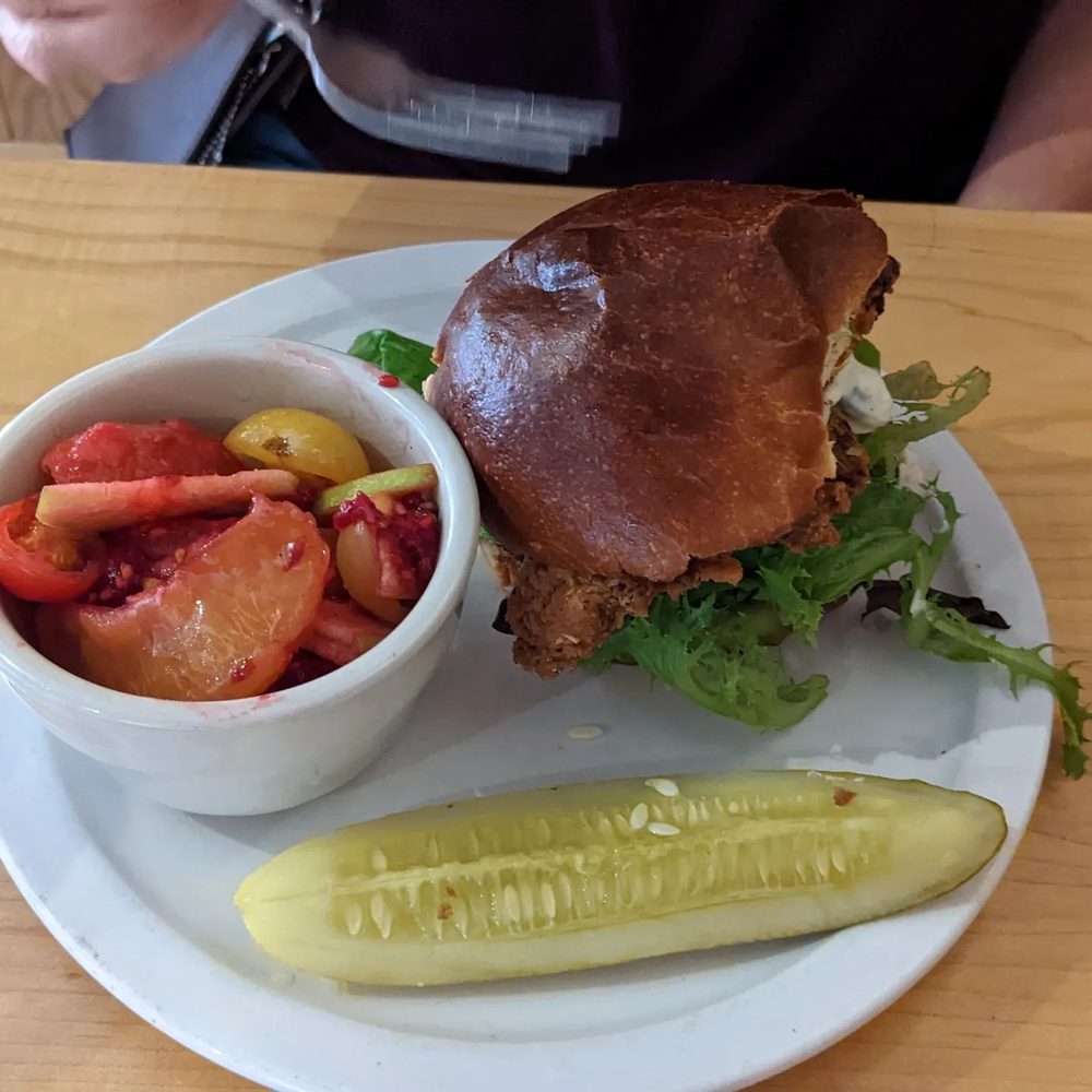 The Driftless Cafe - Fried chicken sandwich and fruit salad. - Sandwiches Near Me - Viroqua, Wisconsin