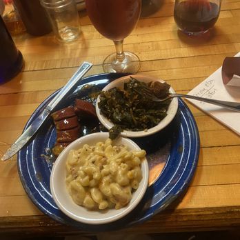 The Desoto Grill - Elk sausage, mac and cheese with bacon, collard greens with pork belly - Barbeque Near Me - Kalispell, Montana The Desoto Grill - Elk sausage, mac and cheese with bacon, collard greens with pork belly - Barbeque Near Me - Kalispell, Montana