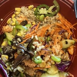 Spicy salmon , chicken , jalapeño and many veggie with a jalapeño ponzu sauce